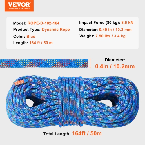 VEVOR 10.2mm Dynamic Climbing Rope, 50M(164ft) Rock Climbing Rope 25KN Breaking Tension, Stretchable Fiber Rope with Steel Snap Hooks for Escape,