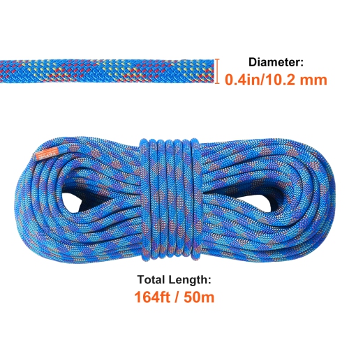 VEVOR 10.2mm Dynamic Climbing Rope, 50M(164ft) Rock Climbing Rope 25KN Breaking Tension, Stretchable Fiber Rope with Steel Snap Hooks for Escape,