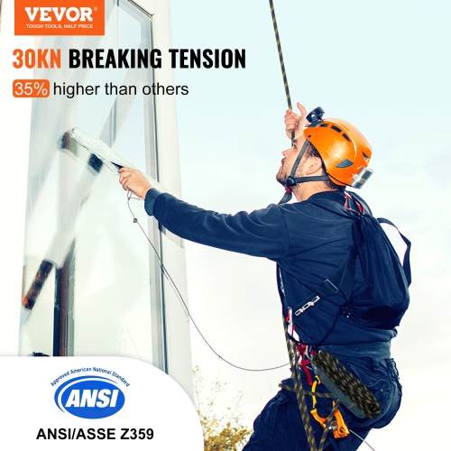 VEVOR 0.55'' x 100' Vertical Lifeline Assembly, Fall Protection Rope with 30 KN Breaking Tension, Roofing Rope with Steel Snap Hooks, Rope Grab, and