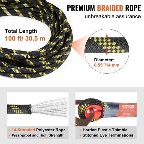 VEVOR 0.55'' x 100' Vertical Lifeline Assembly, Fall Protection Rope with 30 KN Breaking Tension, Roofing Rope with Steel Snap Hooks, Rope Grab, and