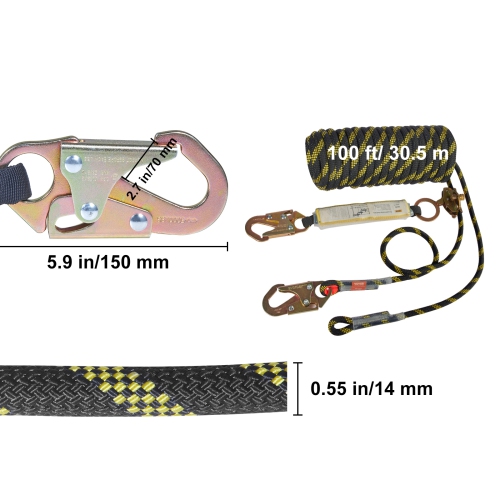 VEVOR 0.55'' x 100' Vertical Lifeline Assembly, Fall Protection Rope with 30 KN Breaking Tension, Roofing Rope with Steel Snap Hooks, Rope Grab, and