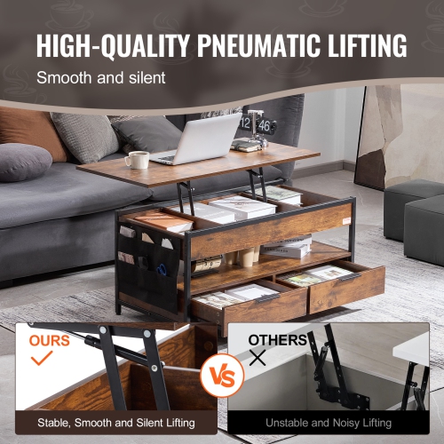 VEVOR 39.4 in Lift Top Coffee Table, Rectangle Coffee Table with Extra Storage Pockets, Pop Up Coffee Table with Power Strip & USB & Ambient Lighting