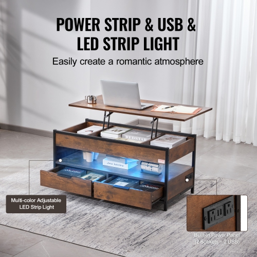 VEVOR 39.4 in Lift Top Coffee Table, Rectangle Coffee Table with Extra Storage Pockets, Pop Up Coffee Table with Power Strip & USB & Ambient Lighting