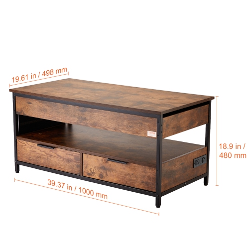 VEVOR 39.4 in Lift Top Coffee Table, Rectangle Coffee Table with Extra Storage Pockets, Pop Up Coffee Table with Power Strip & USB & Ambient Lighting