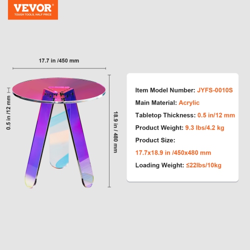 VEVOR Round Iridescent Side Table, Acrylic End Table, Clear Rainbow Acrylic Coffee Table for Drink, Food, Snack used in Living Room, Bedroom, and
