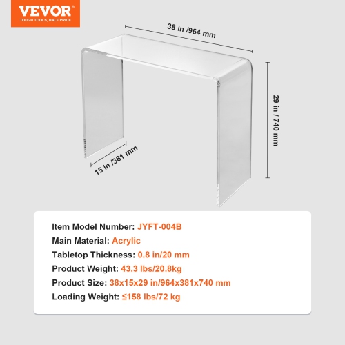 VEVOR 37.95x15x29.13 inch Acrylic Console Table, Clear Acrylic End Table, Transparent Acrylic Side Table, for Foyer, Living Room, Dining Room