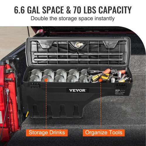 VEVOR 6.6 Gal/20 L Truck Bed Storage Box, Lockable Lid, Waterproof ABS Wheel Well Tool Box , Compatible with Chevrolet Silverado 1500 GMC Sierra 1500