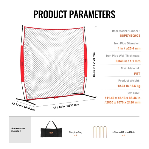 VEVOR 7x7 ft Ball Sports Barrier Netting, Portable Practice Equipment with Carry Bag, Protection Screen for Baseball Softball Lacrosse Soccer Hockey