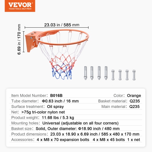VEVOR Q235 Basketball Rim, Wall Door Mounted Basketball Hoop,Basketball Flex Rim Goal Replacement with Net, Standard 18" Indoor and Outdoor Hanging