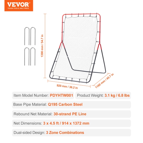 VEVOR 3 x 4.5 ft Baseball And Softball Rebounder Net, PitchBack Baseball Pitching Nest, 3-Way Baseball, Softball Pitchback Net, Fielding Trainer, for