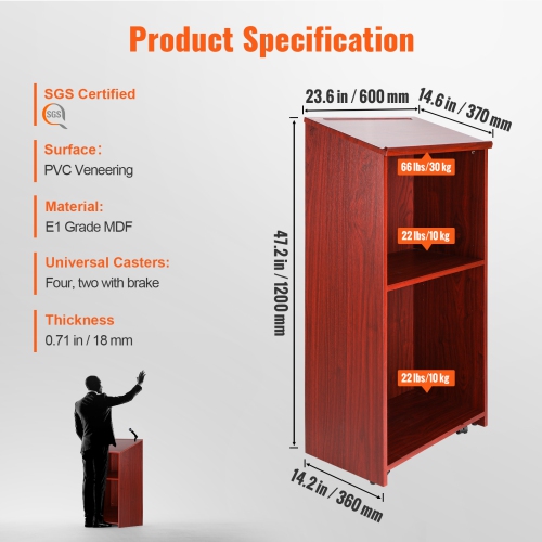 VEVOR 47 inch Podium Stand, Hostess Stand with 4 Rolling Wheels, Wood Podium with Storage Shelves and Slant Desktop, Lecterns & Podiums for Home,