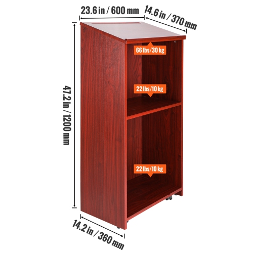 VEVOR 47 inch Podium Stand, Hostess Stand with 4 Rolling Wheels, Wood Podium with Storage Shelves and Slant Desktop, Lecterns & Podiums for Home,