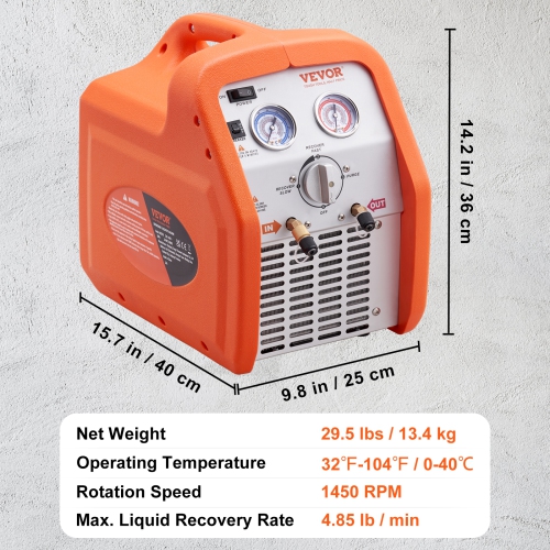 VEVOR 3/4 HP Portable Refrigerant Recovery Machine - AC Recovery Machine with High Pressure Protection 120V 60Hz Recovery Machine HVAC for Vapor