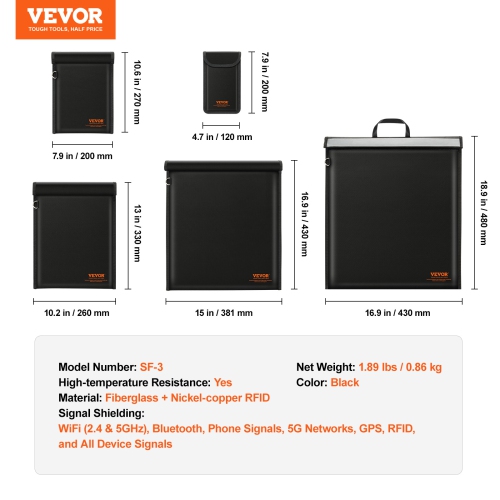 VEVOR 4 Pack Faraday Bag,Set for Laptop(16.9x15"),Tablet(13x10.2"),Phone(7.87x4.7") & Radio(10.6x7.8"),Fireproof Signal Blocking Holder Faraday Pouch