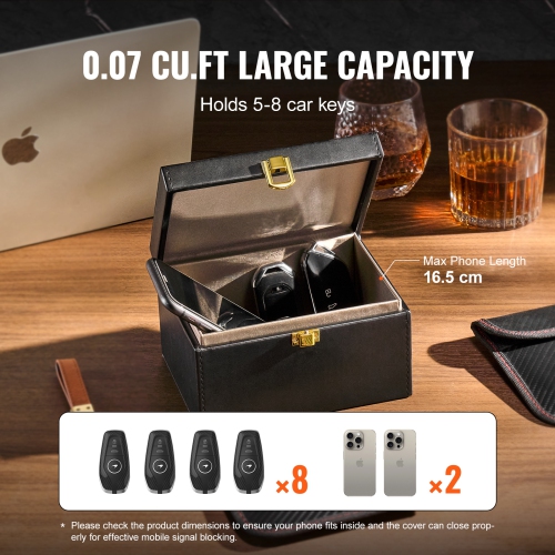 VEVOR 6.3 x 5.1 x 3.7" Faraday Box,PU Leather Signal Blocking Holde,Keyless Fob,Protector Shielding with 2 Key Bag,for WiFi, RFID, GPS, Bluetooth &
