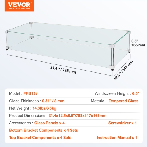 Pare-vent en verre de 31 x 12,5 x 6,5&nbsp;po VEVOR pour table à foyer rectangulaire, panneau en verre trempé épais et robuste de 0 31&nbsp;po avec