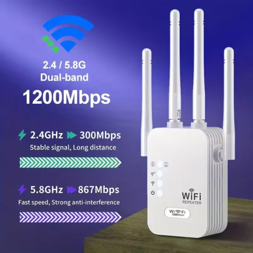 Image 1 de 6.. Répéteur Wi-Fi 5 GHz Routeur 1200Mbps Prolongateur Wi-Fi Amplificateur de signal Wi-Fi bibande 2,4 G/5&nbsp;GHz Réseau longue portée