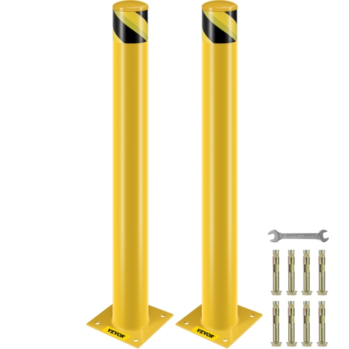 VEVOR 42 Inch Safety Bollard, 4.5 Inch Diameter Steel Pipe Safety Bollard Post, Yellow Steel Bollard, Steel Safety Bollard with 8 Anchor Bolts,