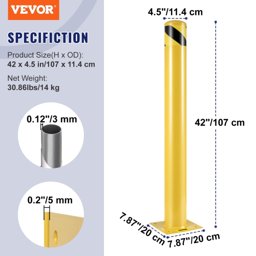 VEVOR 42 Inch Safety Bollard, 4.5 Inch Diameter Steel Pipe Safety Bollard Post, Yellow Steel Bollard, Steel Safety Bollard with 8 Anchor Bolts,
