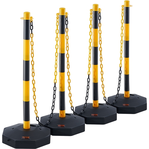 VEVOR 4 Pack Adjustable Traffic Delineator Post Cones, Traffic Safety Delineator Barrier with Fillable Base 8FT Chain, for Traffic Control Warning