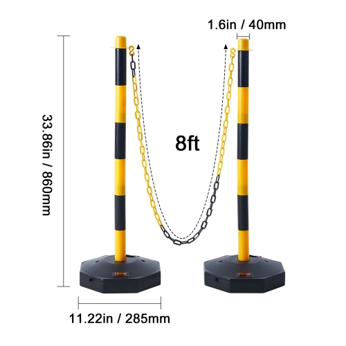 VEVOR 4 Pack Adjustable Traffic Delineator Post Cones, Traffic Safety Delineator Barrier with Fillable Base 8FT Chain, for Traffic Control Warning