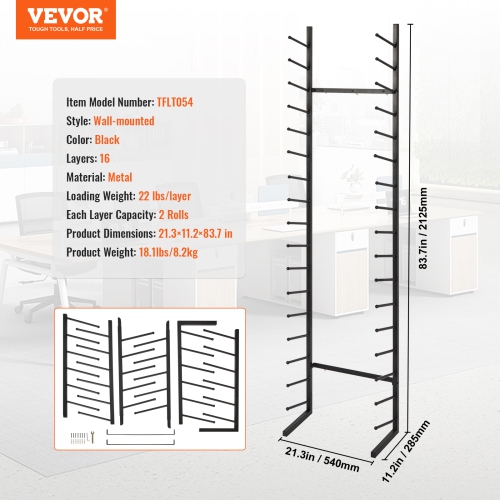VEVOR 16-Tier Blueprint Storage Rack, Hanging Poster Display Rack, Vertical Blueprint Roll File Holder 2 Rolls/tire, Roll File Storage Rack for