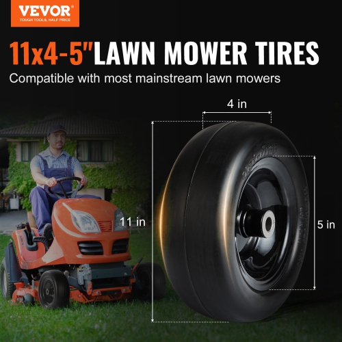 VEVOR 11x4-5" Lawn Mower Tires with Rim,Tubeless Tractor Tires, 2-Pack Tire and Wheel Assembly, Flat-free PU Tire, 3.4" Centered Hub, 3/4" Bushing