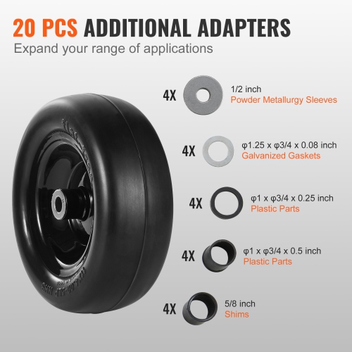 VEVOR 11x4-5" Lawn Mower Tires with Rim,Tubeless Tractor Tires, 2-Pack Tire and Wheel Assembly, Flat-free PU Tire, 3.4" Centered Hub, 3/4" Bushing