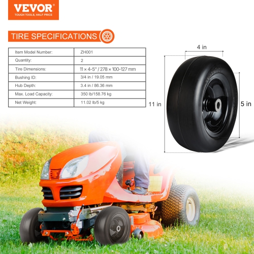 VEVOR 11x4-5" Lawn Mower Tires with Rim,Tubeless Tractor Tires, 2-Pack Tire and Wheel Assembly, Flat-free PU Tire, 3.4" Centered Hub, 3/4" Bushing