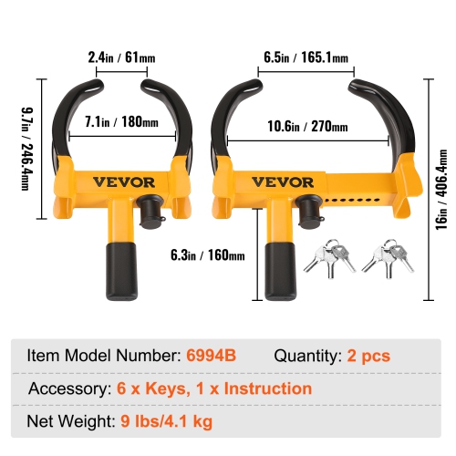 VEVOR 2 Packs Wheel Lock, Universal Wheel Clamp Lock, Adjustable Anti Theft Trailer Lock Wheel Clamp, Heavy-duty Steel Tire Lock for ATV RV SUV Car
