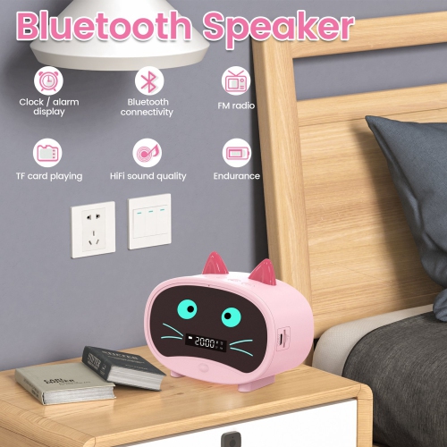 Pink Cartoon Cat Alarm Clock, Dual Alarms, Bluetooth Speakers, and Radio Functions