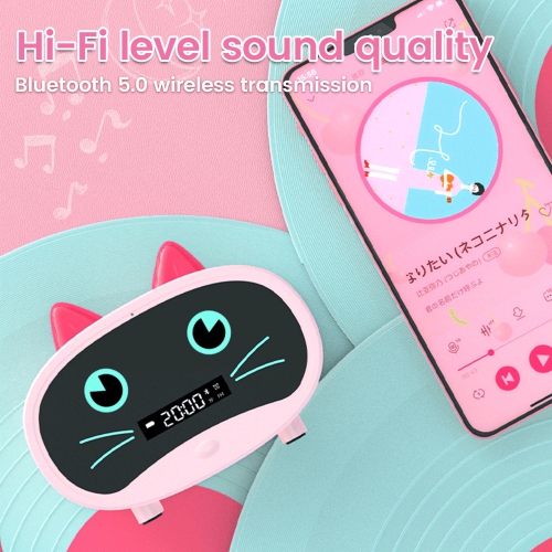 Pink Cartoon Cat Alarm Clock, Dual Alarms, Bluetooth Speakers, and Radio Functions