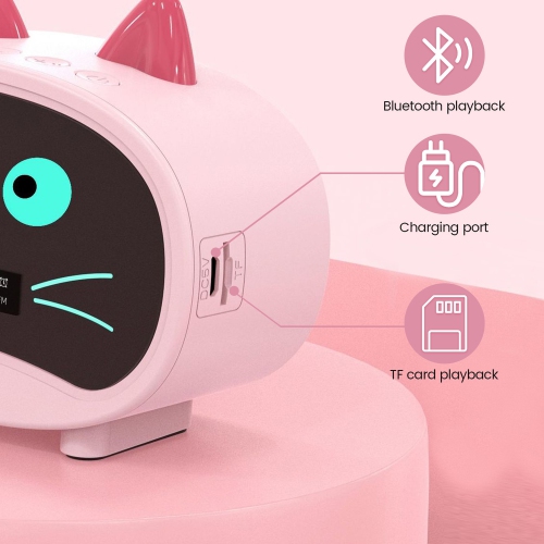 Pink Cartoon Cat Alarm Clock, Dual Alarms, Bluetooth Speakers, and Radio Functions