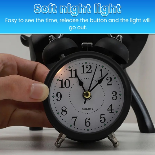 Retro alarm clock, silent travel alarm clock, round metal alarm clock with night light suitable for bedroom living room