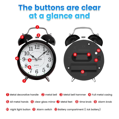 Retro alarm clock, silent travel alarm clock, round metal alarm clock with night light suitable for bedroom living room