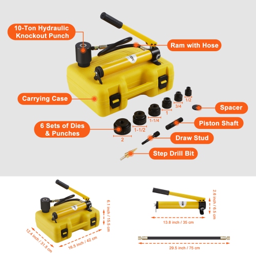 VEVOR 10 Ton Hydraulic Knockout Punch Kit, 1/2" to 2" Conduit Hole Cutter Set, KO Tool Kits with Puncher 6 Piece, For Aluminum, Brass, Stainless