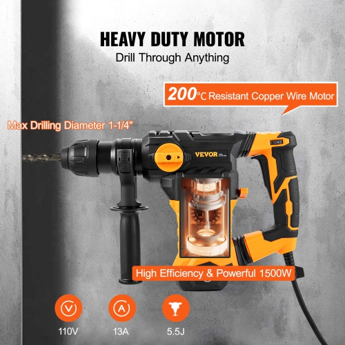 VEVOR 1-1/4 Inch SDS-Plus Rotary Hammer Drill, 13 Amp Corded Drills, Chipping Hammers with Vibration Control & Safety Clutch, Electric Demolition