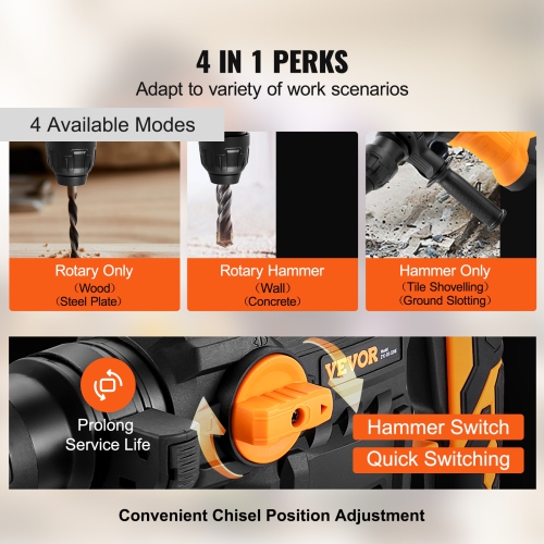 VEVOR 1-1/4 Inch SDS-Plus Rotary Hammer Drill, 13 Amp Corded Drills, Chipping Hammers with Vibration Control & Safety Clutch, Electric Demolition