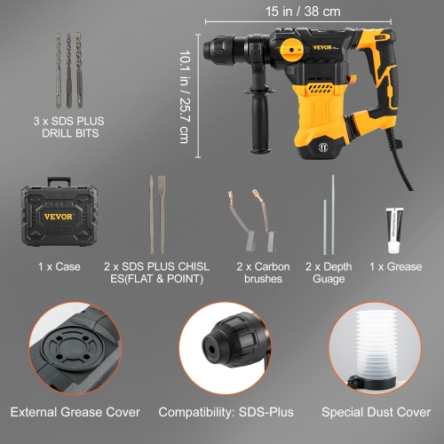 VEVOR 1-1/4 Inch SDS-Plus Rotary Hammer Drill, 13 Amp Corded Drills, Chipping Hammers with Vibration Control & Safety Clutch, Electric Demolition