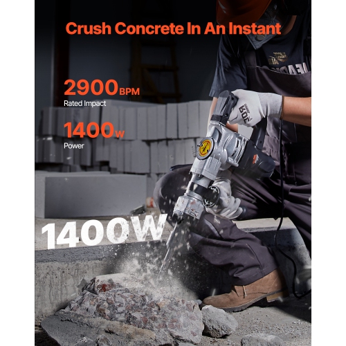 VEVOR 1400W Demolition Jack Hammer, Electric Jackhammer Heavy Duty, 2pcs Chisels Bits Chipping with Case, 2900 BPM Concrete Breaker, Gloves Black