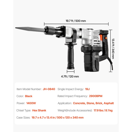 VEVOR 1400W Demolition Jack Hammer, Electric Jackhammer Heavy Duty, 2pcs Chisels Bits Chipping with Case, 2900 BPM Concrete Breaker, Gloves Black