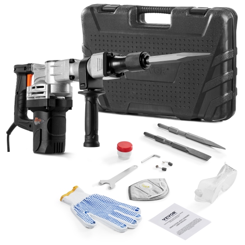 VEVOR 1400W Demolition Jack Hammer, Electric Jackhammer Heavy Duty, 2pcs Chisels Bits Chipping with Case, 2900 BPM Concrete Breaker, Gloves Black