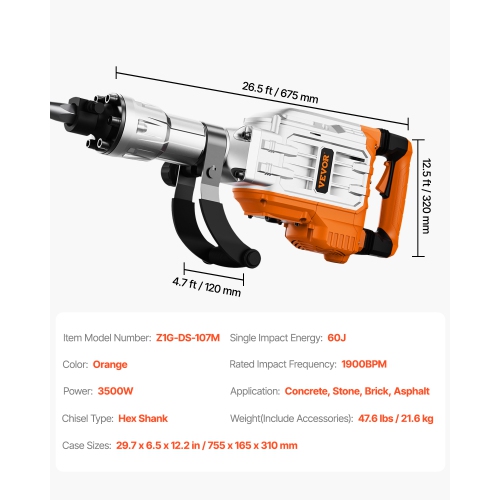 VEVOR 3500W Demolition Jack Hammer, Hammer Concrete Breaker, 1900 BPM Electric Jack Hammer, 2pcs Chisel with Gloves & 360°C Swiveling Front Handle