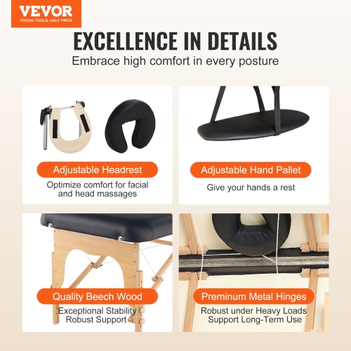 VEVOR 30" W Professional Folding Wide Massage Table, 8-Level Height Adjustable Facial Salon Tattoo Bed, Portable Spa Table with Headrest, Hand Pallet