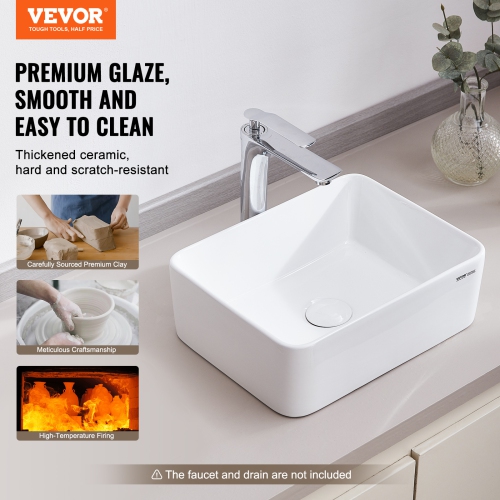 VEVOR 16" x 12" Rectangle Vessel Sink, Bathroom Vessel Sink Countertop, White Ceramic Bathroom Sinks Above Counter, Modern Style, Bright and Elegant,