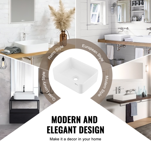 VEVOR 16" x 12" Rectangle Vessel Sink, Bathroom Vessel Sink Countertop, White Ceramic Bathroom Sinks Above Counter, Modern Style, Bright and Elegant,
