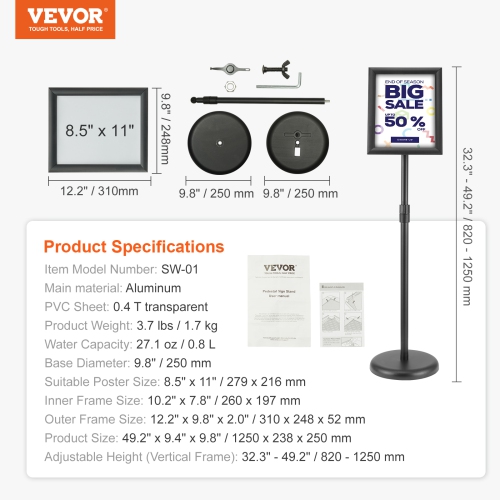 VEVOR 8.5 x 11 Inch Pedestal Sign Holder, Vertical and Horizontal Adjustable Poster Stand, Heavy-Duty Floor Standing Sign Holder with Round Base for