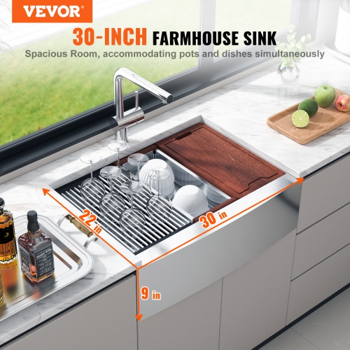 VEVOR 30 inch Farmhouse Kitchen Sink, 304 Stainless Steel Drop-In Sinks, Top Mount Single Bowl Basin with Ledge & Accessories, Household Dishwasher