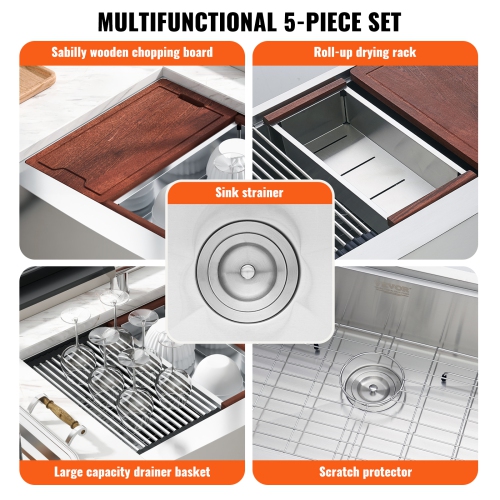 VEVOR 30 inch Farmhouse Kitchen Sink, 304 Stainless Steel Drop-In Sinks, Top Mount Single Bowl Basin with Ledge & Accessories, Household Dishwasher