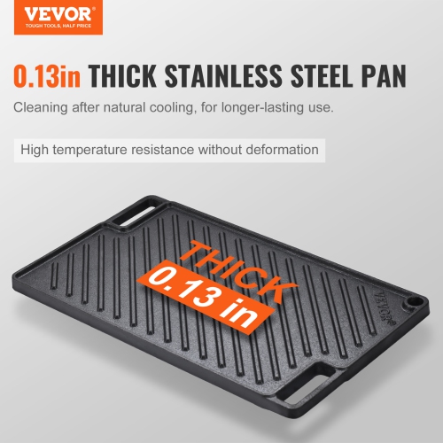 VEVOR 9.7"x16.7" Reversible Grill/Griddle, Pre-Seasoned Cast Iron Griddle, Rectangular Double Burner Griddle Pan, Non-Stick Family Pan Cookware with